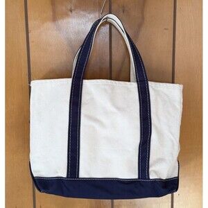 Vintage LL Bean Boat and Tote - Off White/ Navy Blue Handles - 11.5" Tall